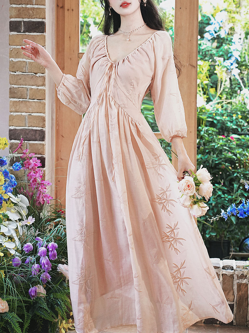 Pink V Neck Embroidered Vintage Fairy Dress