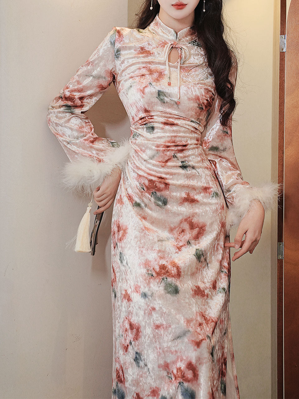 Pink Print Velvet Cuffs Fur Lined Plush Cheongsam Dress With Fake Fur Coat
