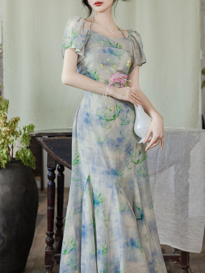 Blue Floral Printed Off-shoulder Fishtail Dress