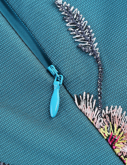 Lake Blue Semi Mesh Rose Embroidered Short Sleeve 50S Swing Dress