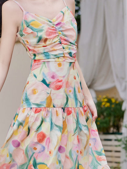 Rainbow Tulips Spaghetti Strap Vintage Swing Holiday Maxi Dress
