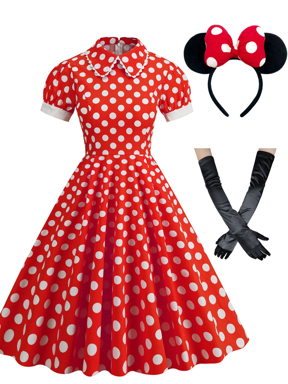 Minnie 1950s Peter Pan Polka Dot Swing Dress With Headband Gloves Set