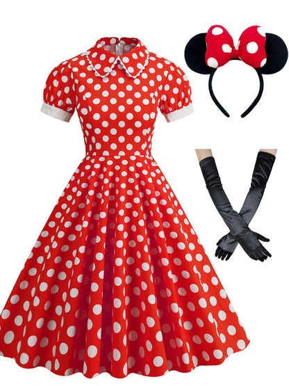 Minnie 1950s Peter Pan Polka Dot Swing Dress With Headband Gloves Set