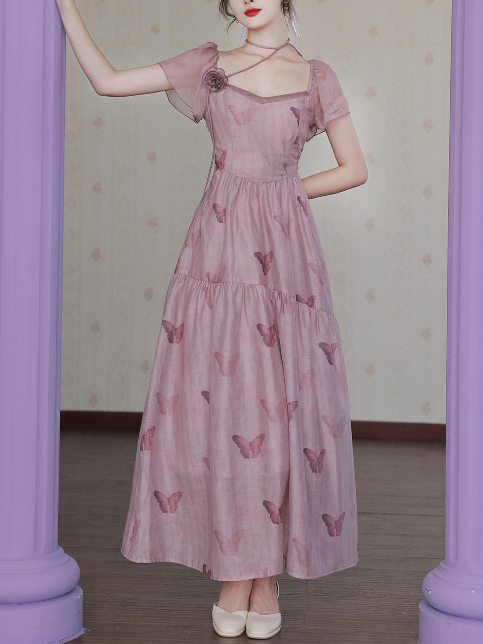 Lilac Purple Butterfly Print Romantic Maxi Dress