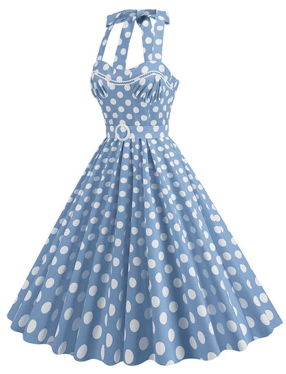 Yellow Polka Dots Lace Vintage Halter Backless 1950S Vintage Dress