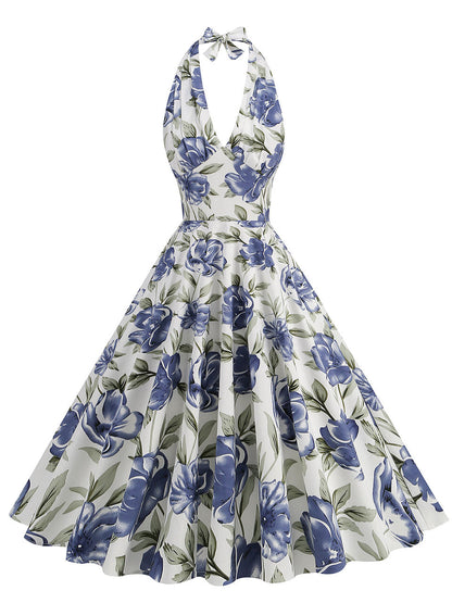 Floral Blue Bow Halter Backless 1950S Vintage Swing Dress