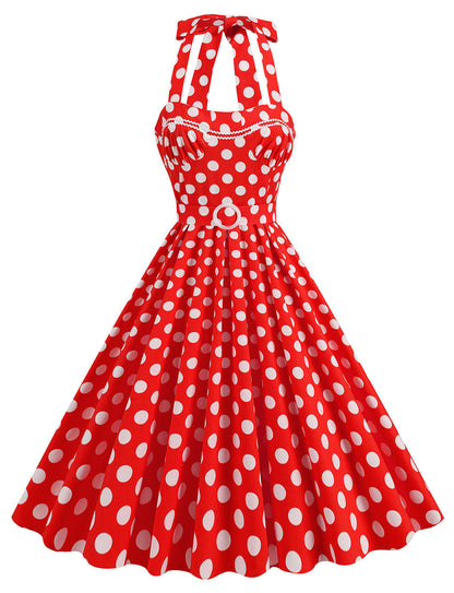 Yellow Polka Dots Lace Vintage Halter Backless 1950S Vintage Dress