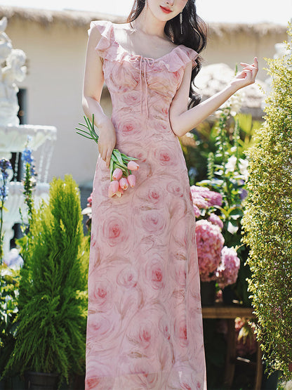 Lychee Rose Ruffle Round Neck Bodycon Chiffon Dress