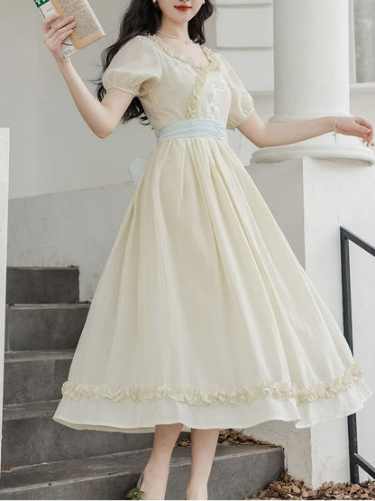 Apricot V Neck Floral Ruffles Princess Puff Sleeve Vintage Dress