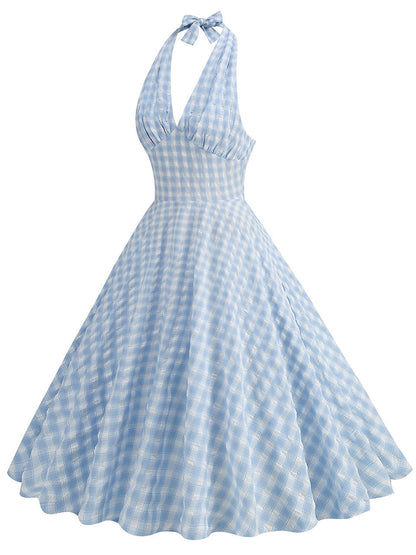 Plaid Blue Bow Halter Backless 1950S Vintage Swing Dress