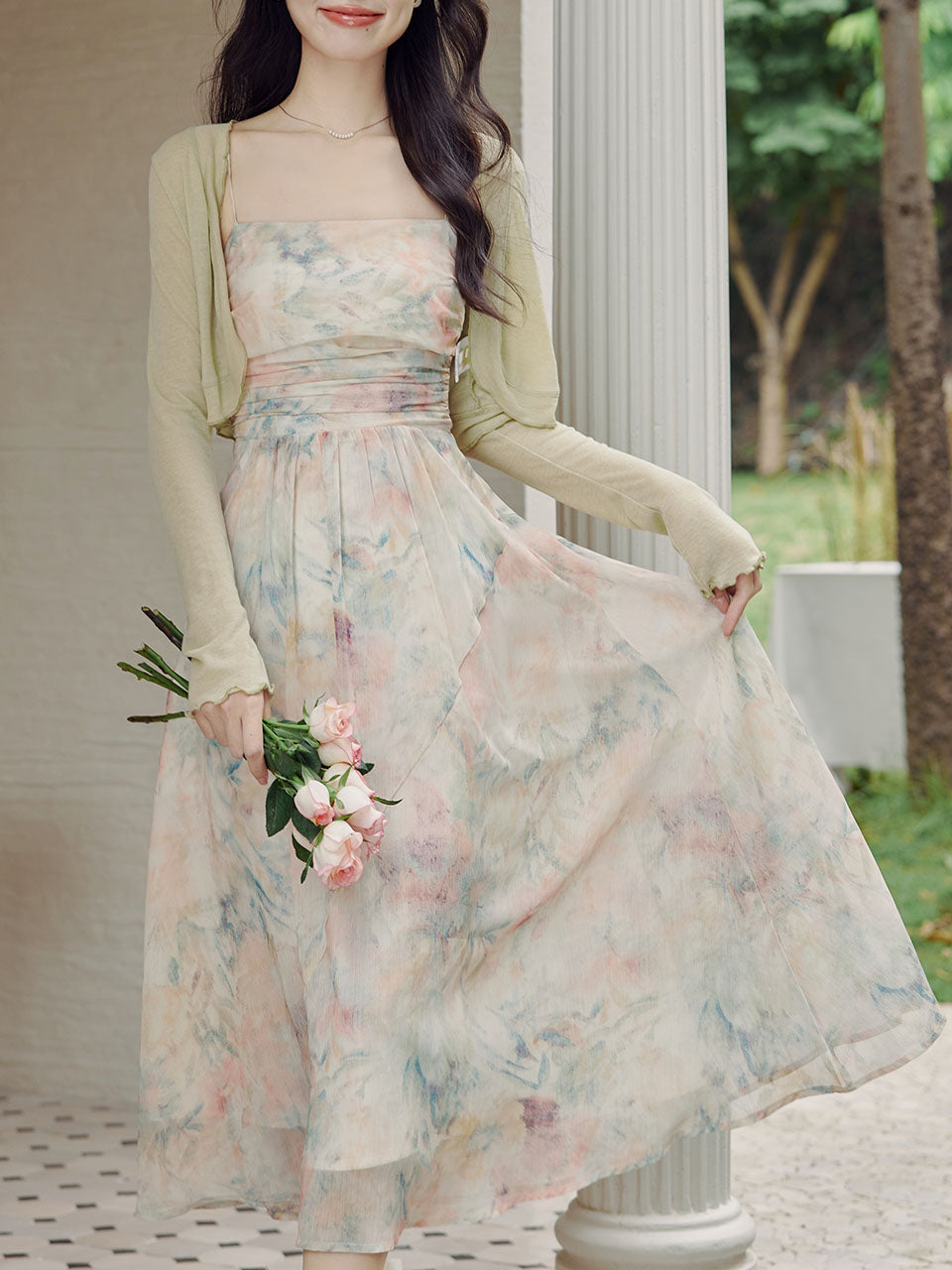 2PS Light Pink Floral Print Spaghetti Strap Dress With Green Shawl Dress Suit