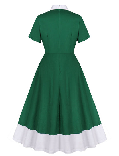 Christmas Green Bow Collar 1950S Cotton Swing Dress