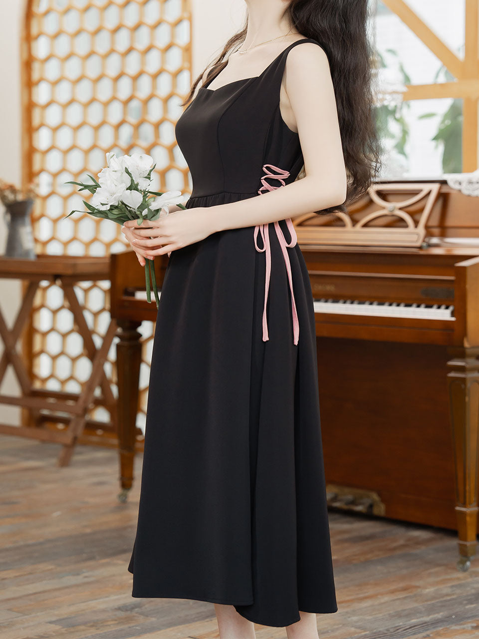 2PS Pink Long-sleeved Short Coat And bBlack Suspender Dress Set