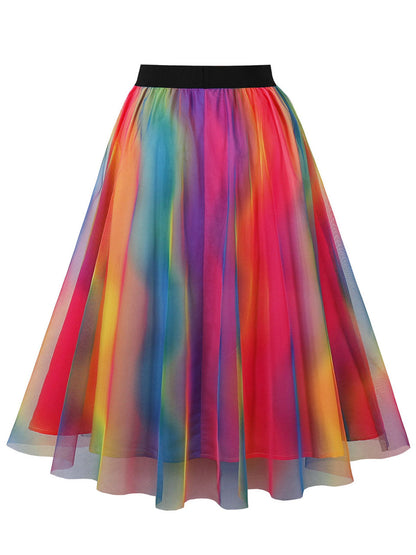 1950S Rainbow High Wasit Pleated Swing Vintage Skirt