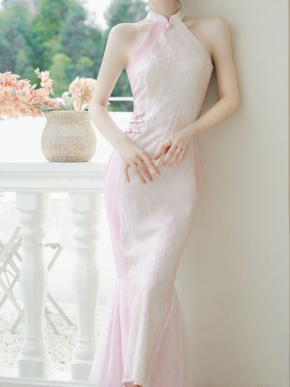 Pink Cheongsam Fishtail Maxi Dress Prom Dress With White Cape
