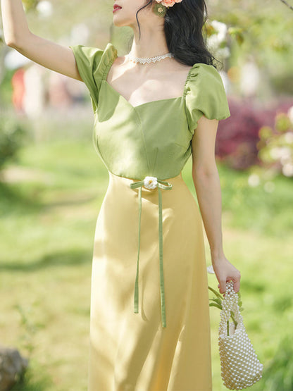 Yellow V Neck Puff Sleeve 1950S Vintage Dress