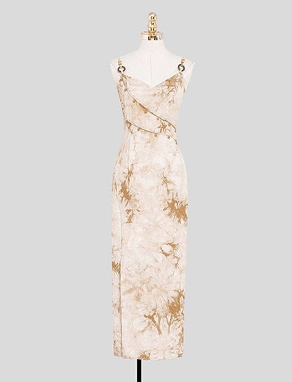 Brown Floral Print Spaghetti Straps Maxi Dress