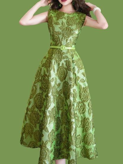 Green Luxury Rose High Waist Swing Vintage Dress With Pockets